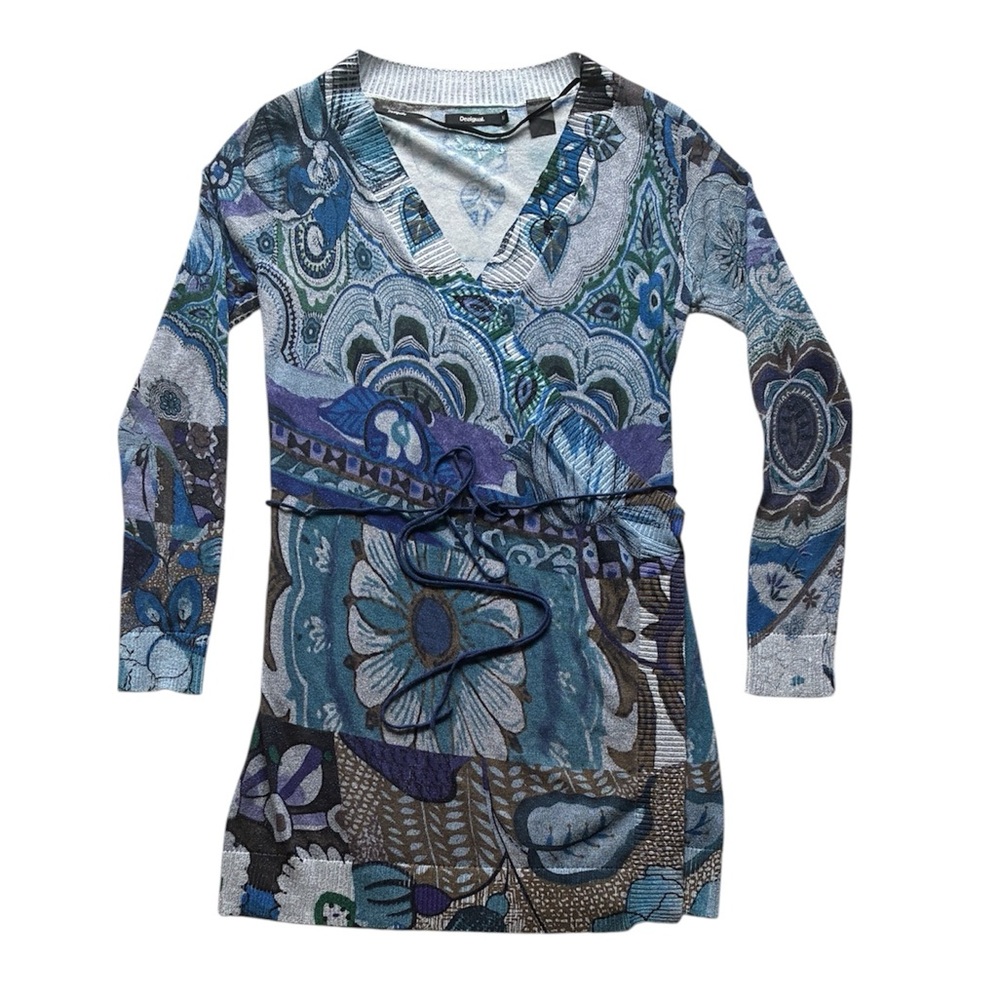 Desigual Women’s Blue Patterned Tie Waist Listen Cardigan Size Medium